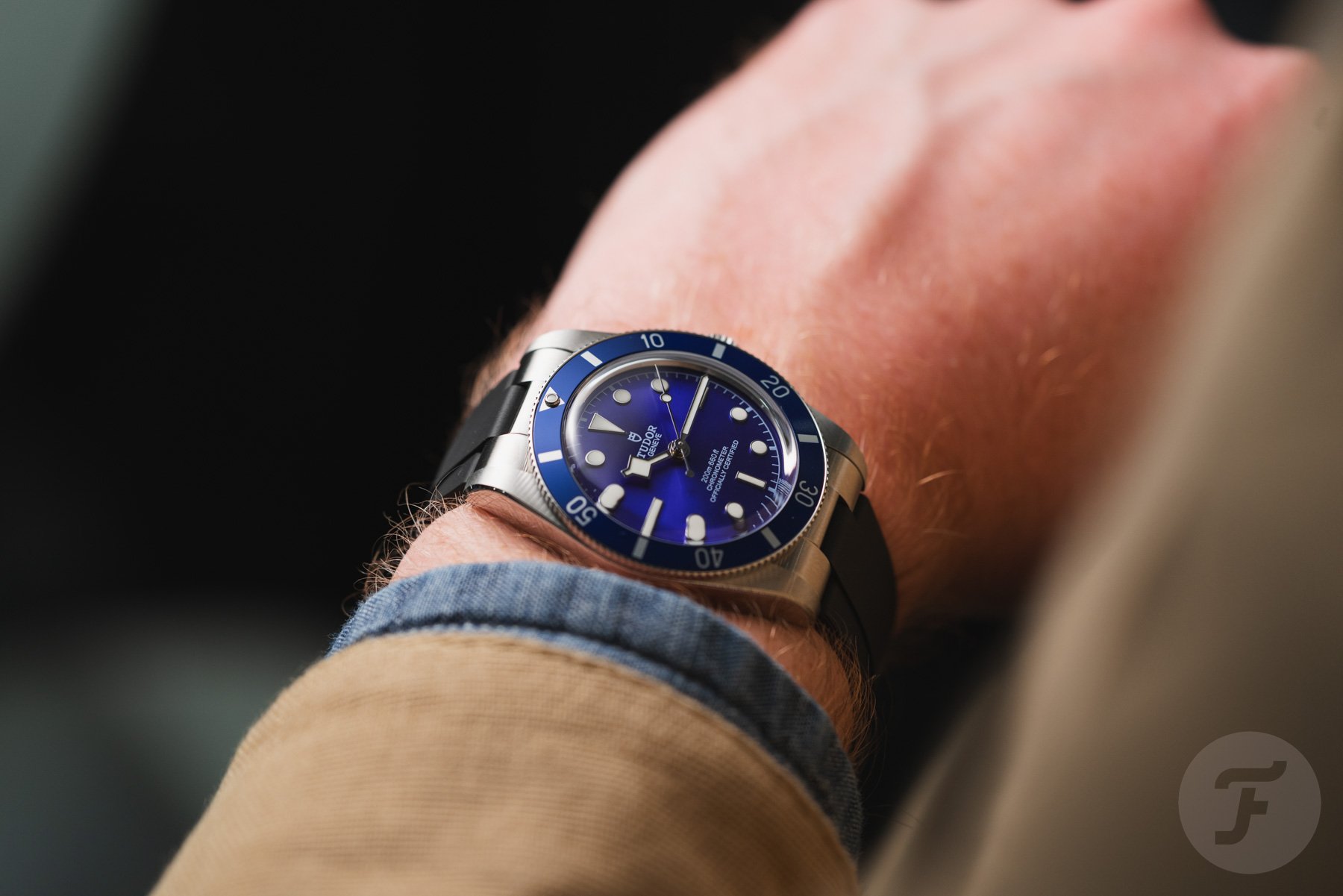 blue Tudor Black Bay 54 with rubber strap on wrist