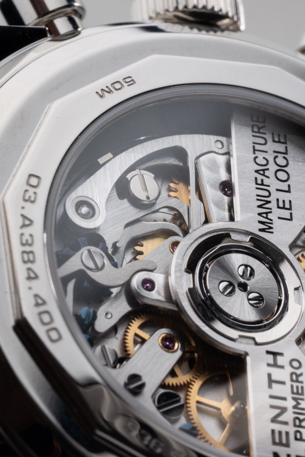 El Primero 400 movement inside the Zenith Chronomaster Revival A384 Tropical, macro shot