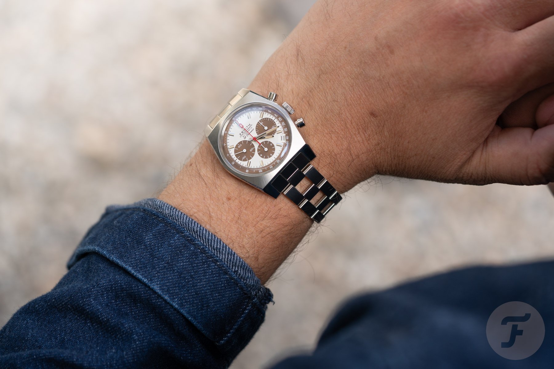 Zenith Chronomaster Revival A384 Tropical on wrist, over-shoulder shot