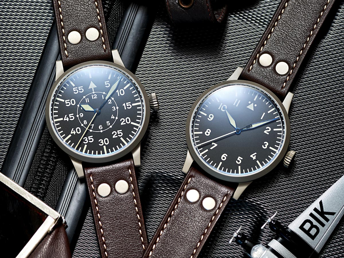 IWC Big Pilot's Watch alternatives — Laco Pilot Watch Original Saarbrücken next to Type B, flat-lay
