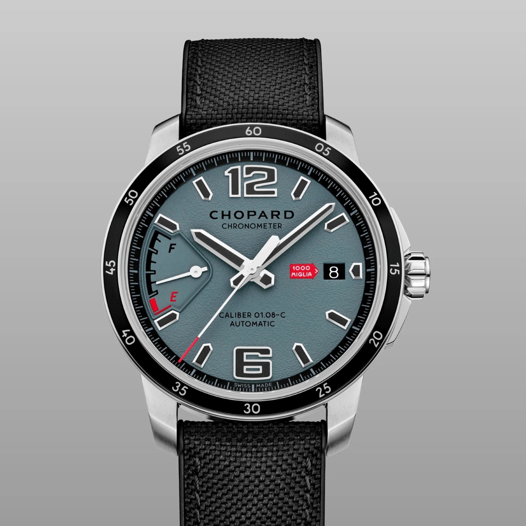 Frontal view of the Chopard Mille Miglia GTS Power Control Grigio-Blu 2026 Racing Edition