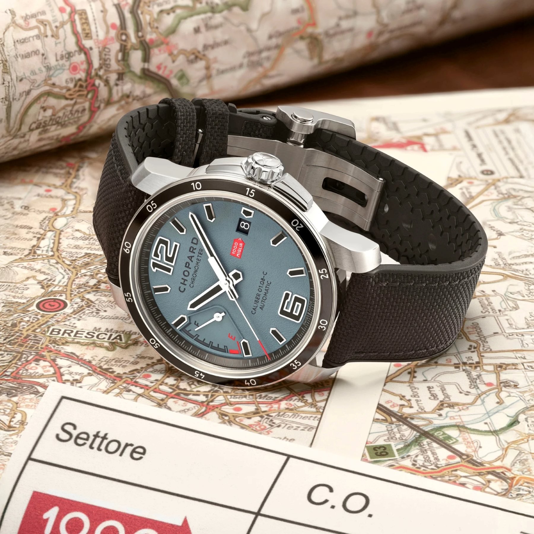 Chopard Mille Miglia GTS Power Control Grigio-Blu 2026 Racing Edition on its side