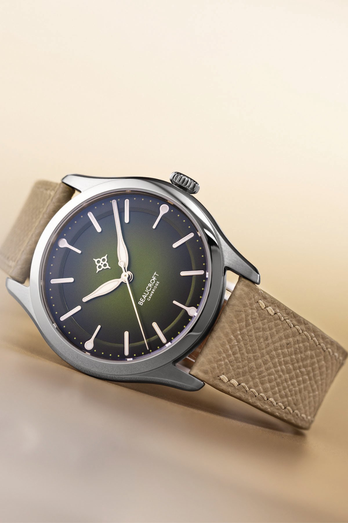 green-dial Beaucroft The Arc on its side, crown up