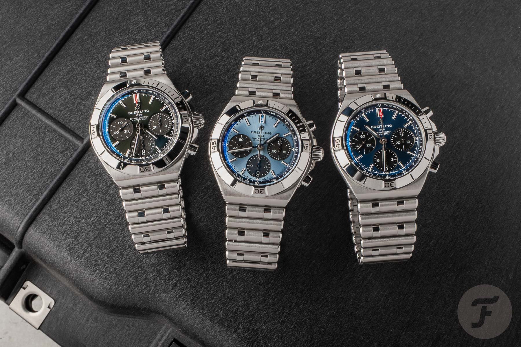 three Breitling Chronomat B01 Chronograph 42 variants lined up