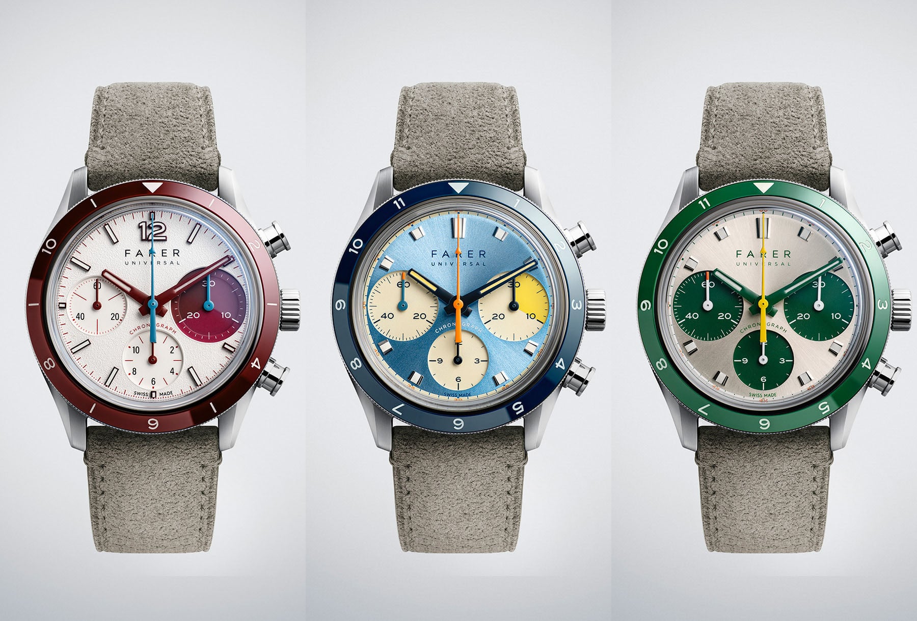 Farer Racing Chronograph Libre, Volante, and Gara side by side, head on