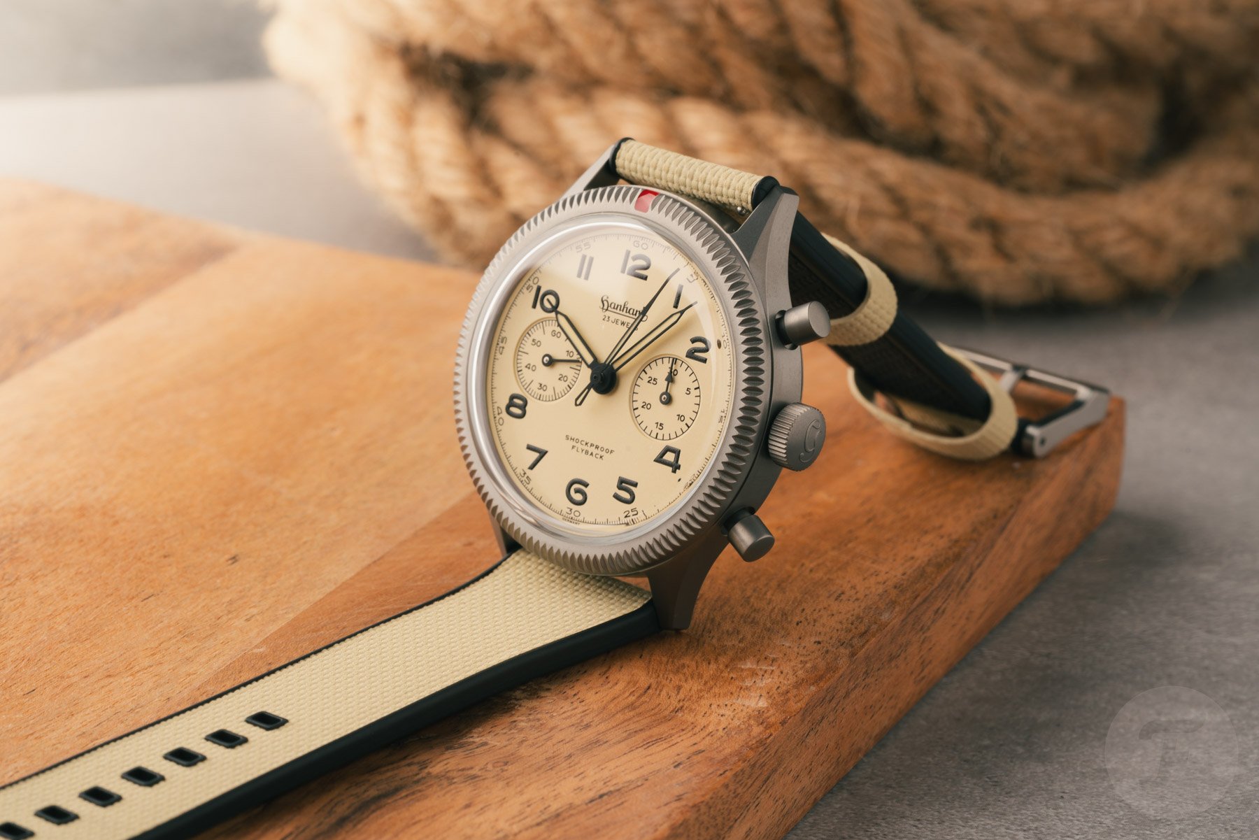 Hanhart 417 TI Desert Pilot propped up with strap