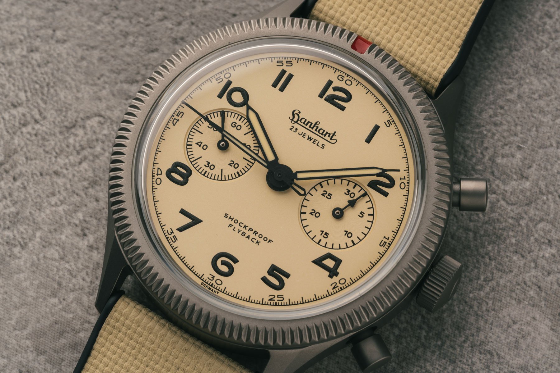 Hanhart 417 TI Desert Pilot flat-lay, up close