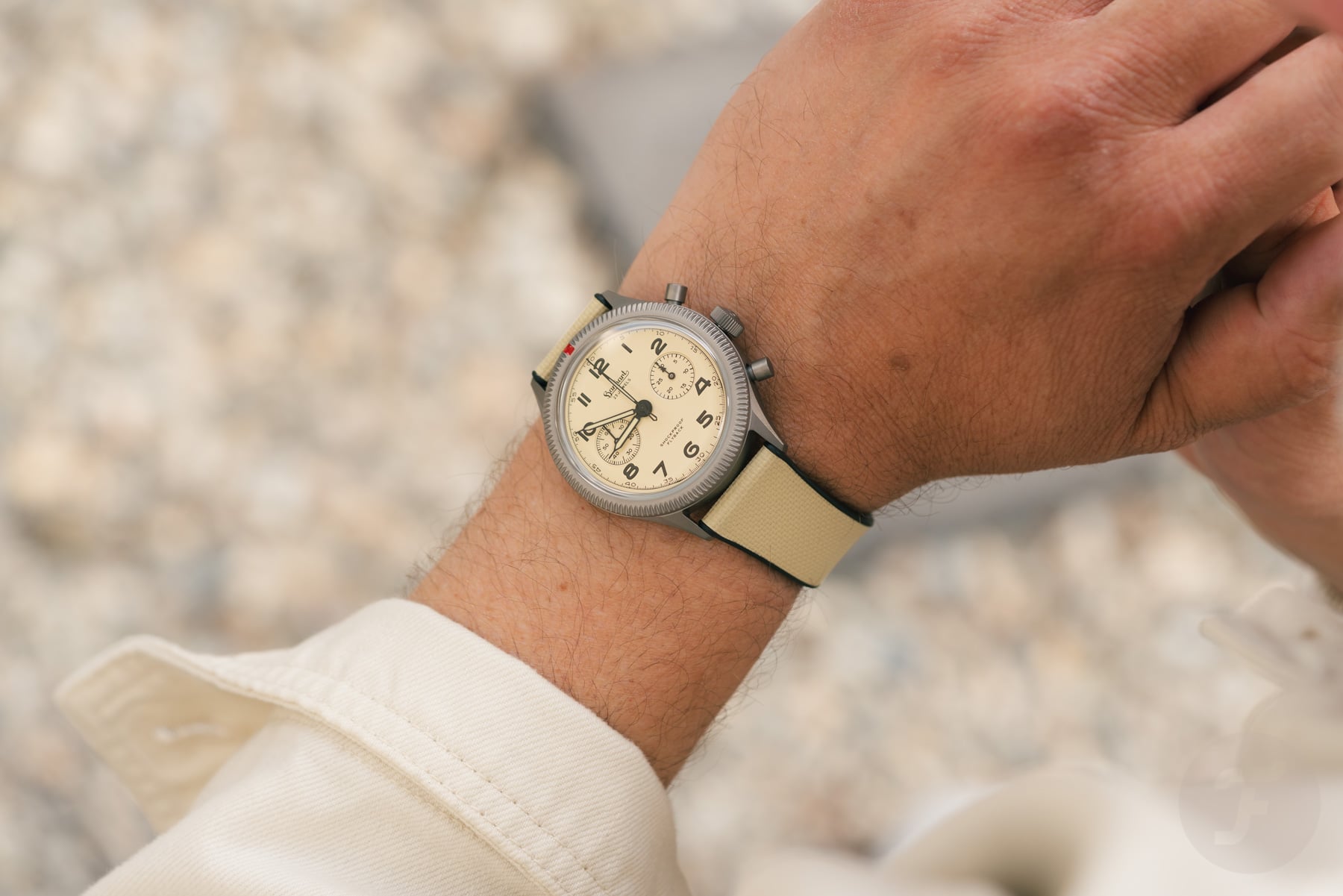 Hanhart 417 TI Desert Pilot on wrist, over-shoulder shot