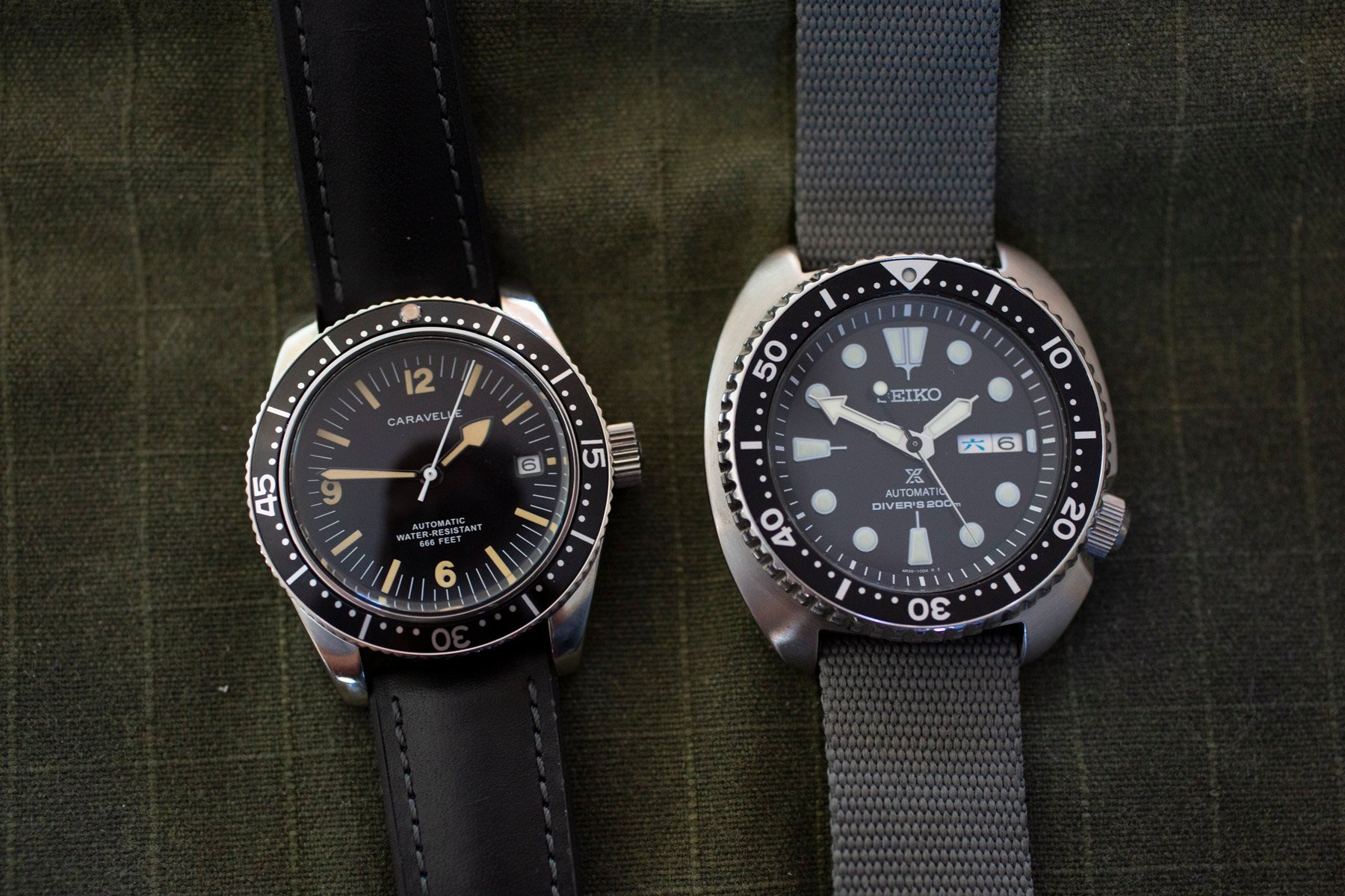 Caravelle Sea Hunter next to Seiko SRPE93 Turtle