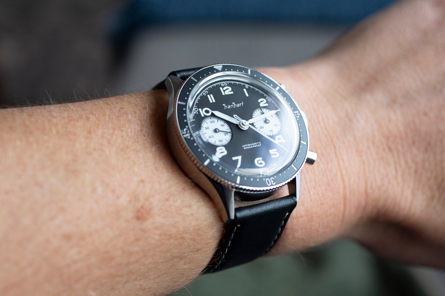 Hanhart 415 ES Reverse Panda wrist shot with reflection on crystal