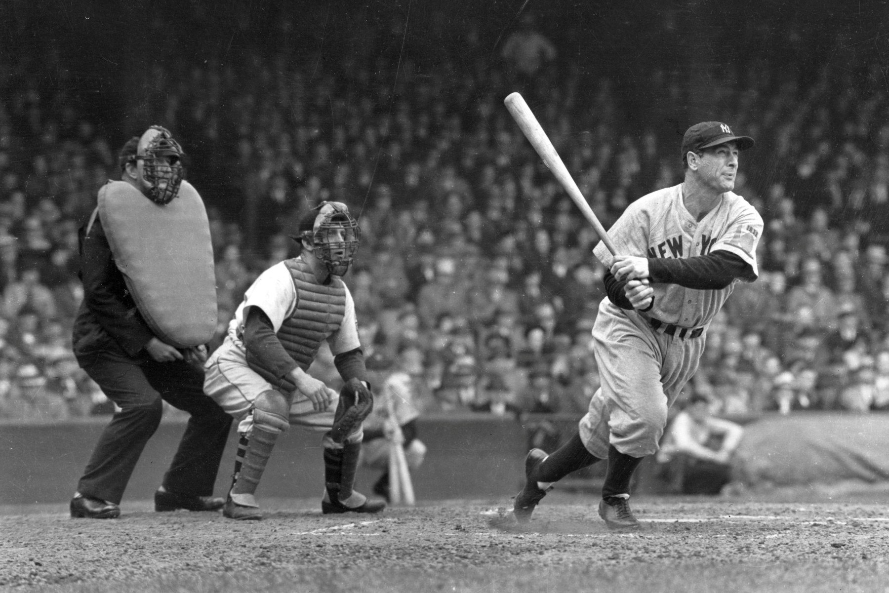 Lou Gehrig after hitting a ball
