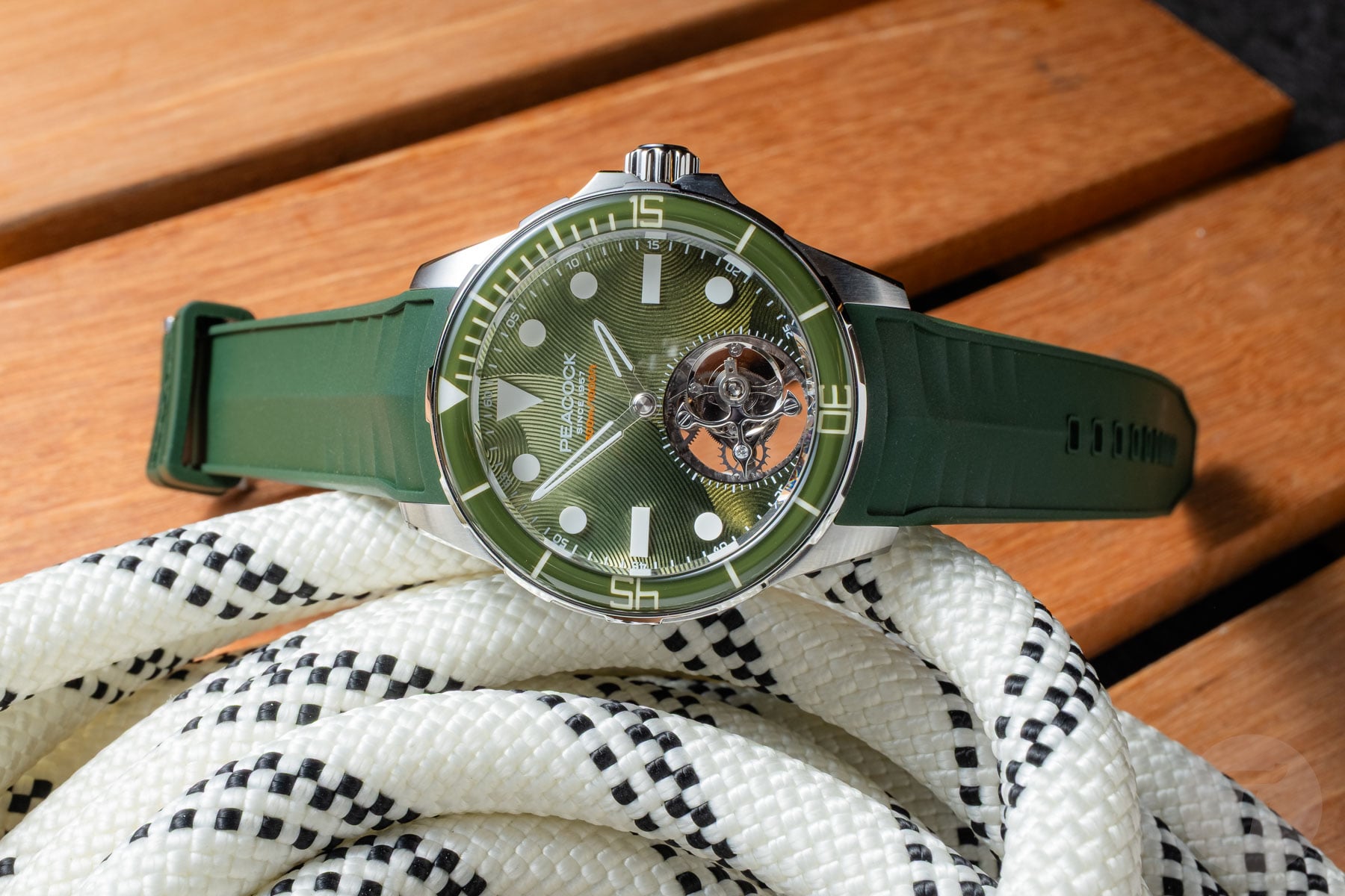 Peacock Haiyi Tourbillon Yu on wooden deck with rope