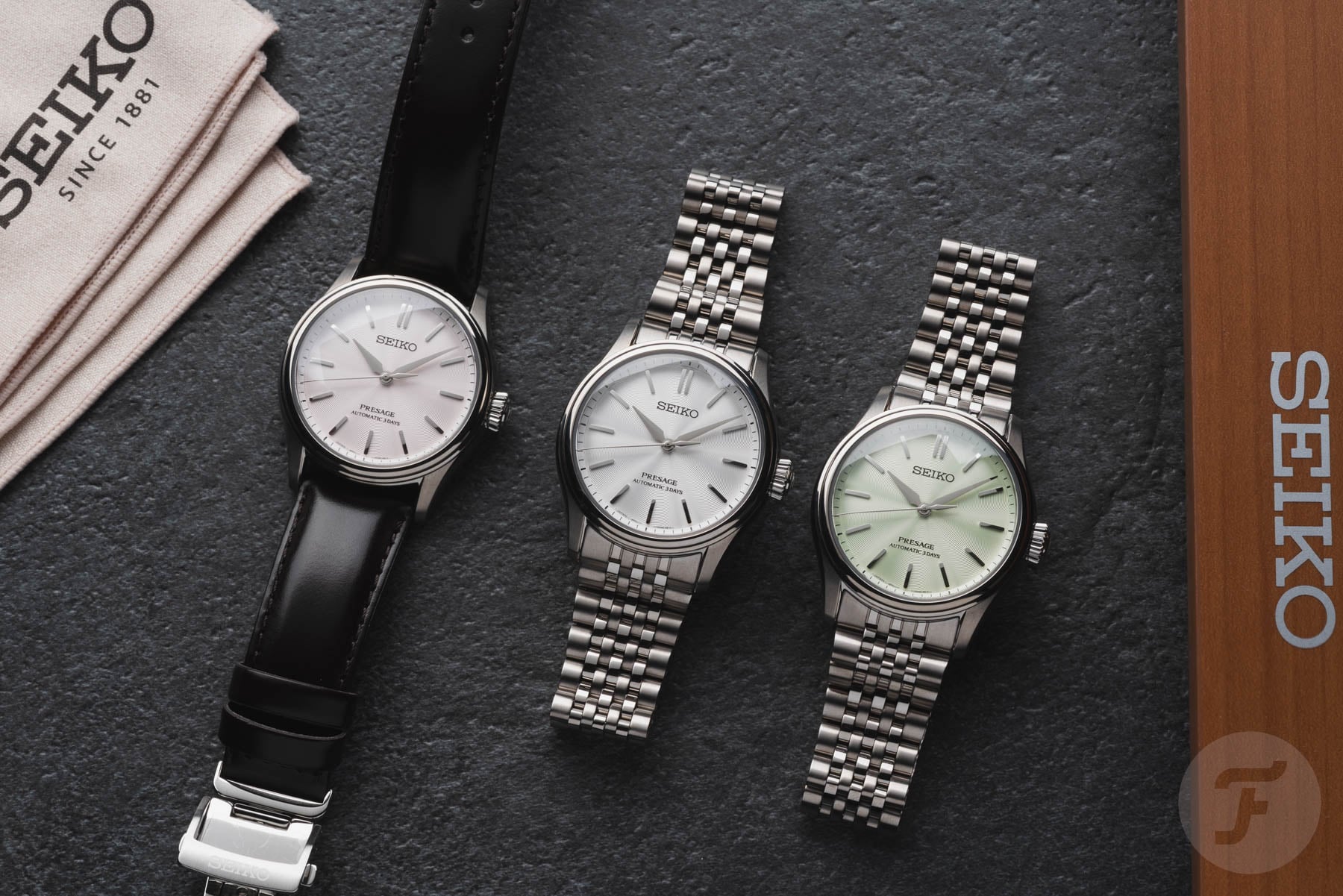 Seiko Presage Classic Series Tomioka Silk Promotion Organization HCC003, HCC001, and HCC002 side by side, flat-lay