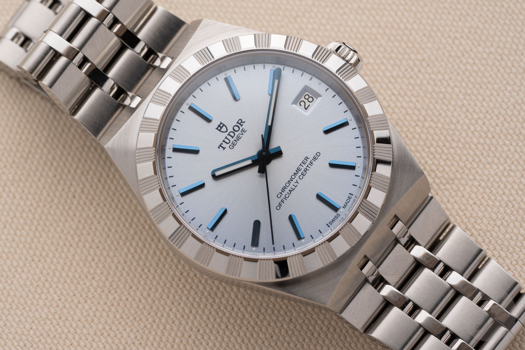 36mm Tudor Royal with light blue dial, up close
