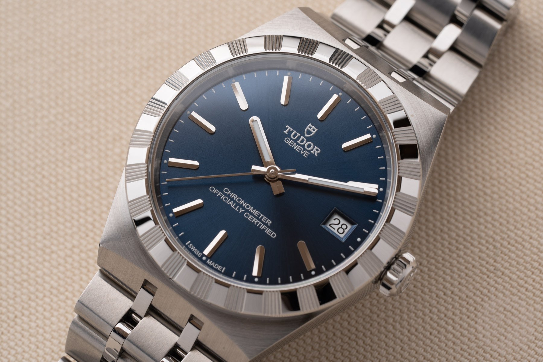 36mm steel Tudor Royal with blue dial, up close