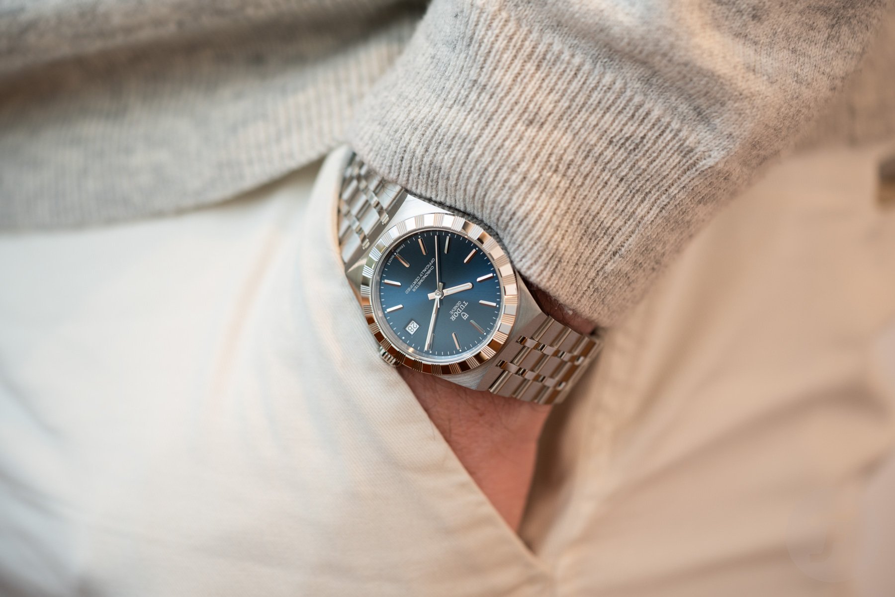 36mm steel Tudor Royal with blue dial, pocket shot