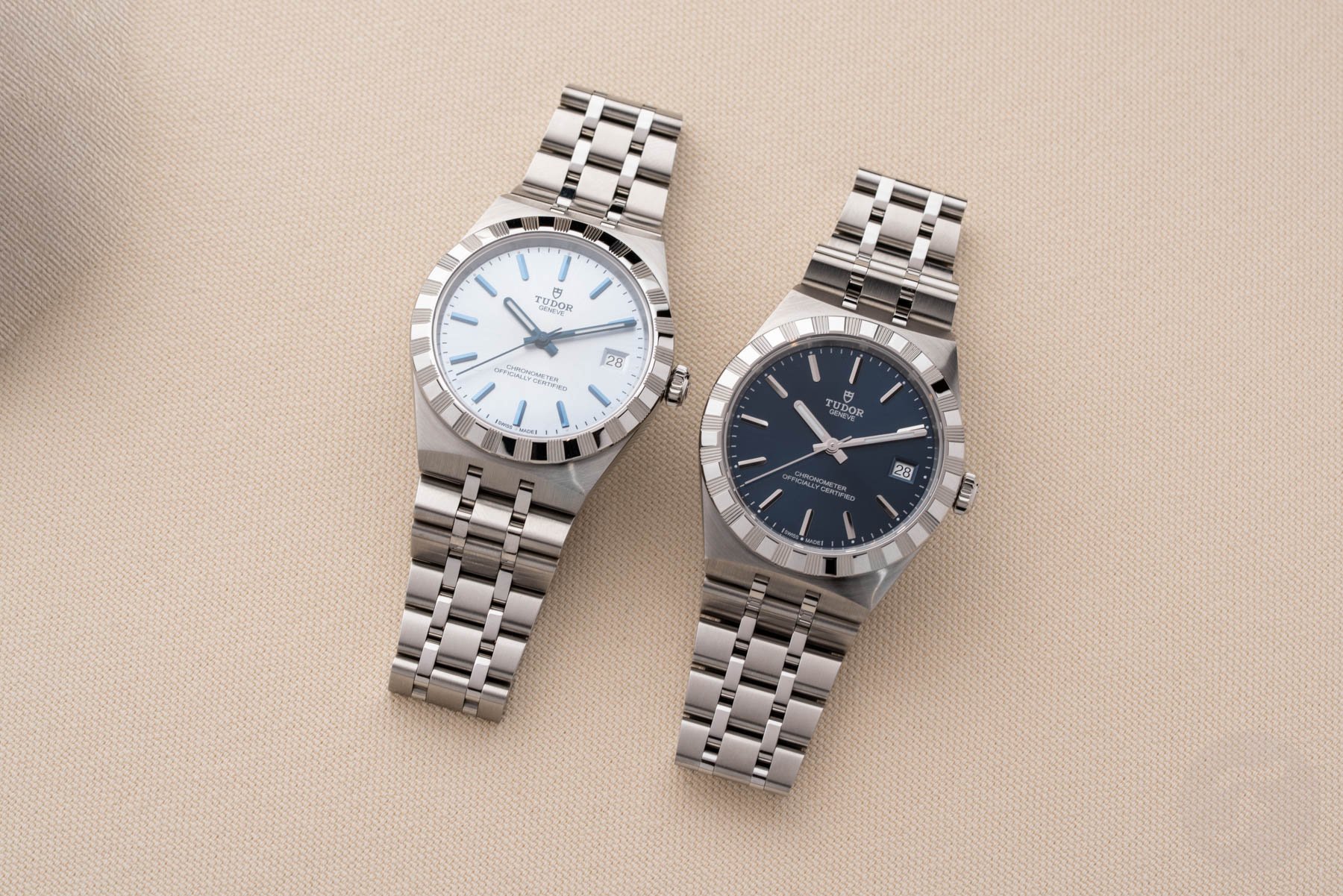 36mm Tudor Royal models with light and dark blue dials side by side, flat-lay