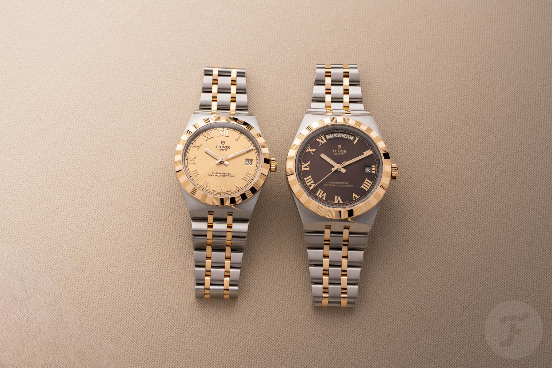 36mm and 40mm two-tone Tudor Royals side by side, flat-lay
