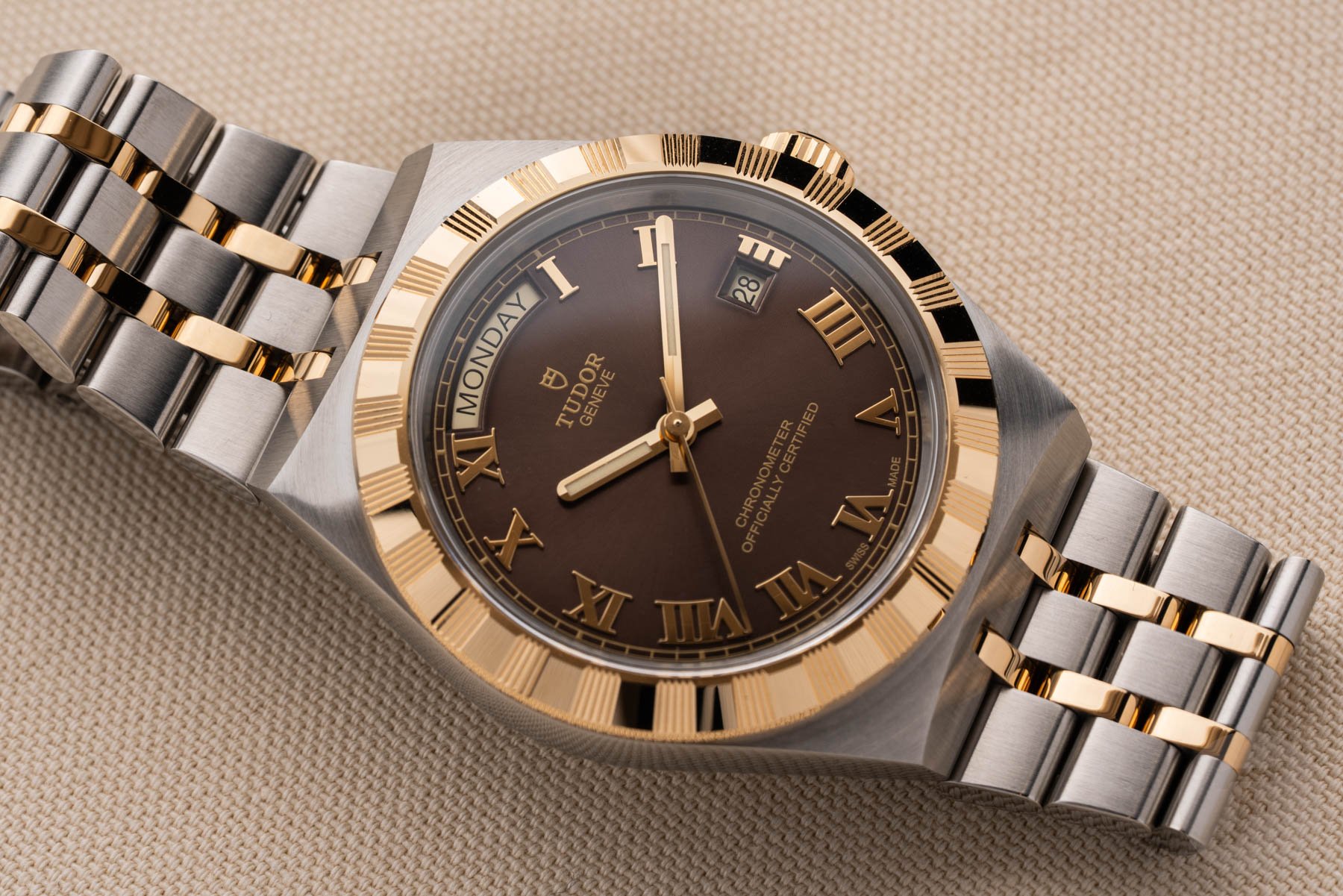 40mm two-tone Tudor Royal with brown dial, flat-lay