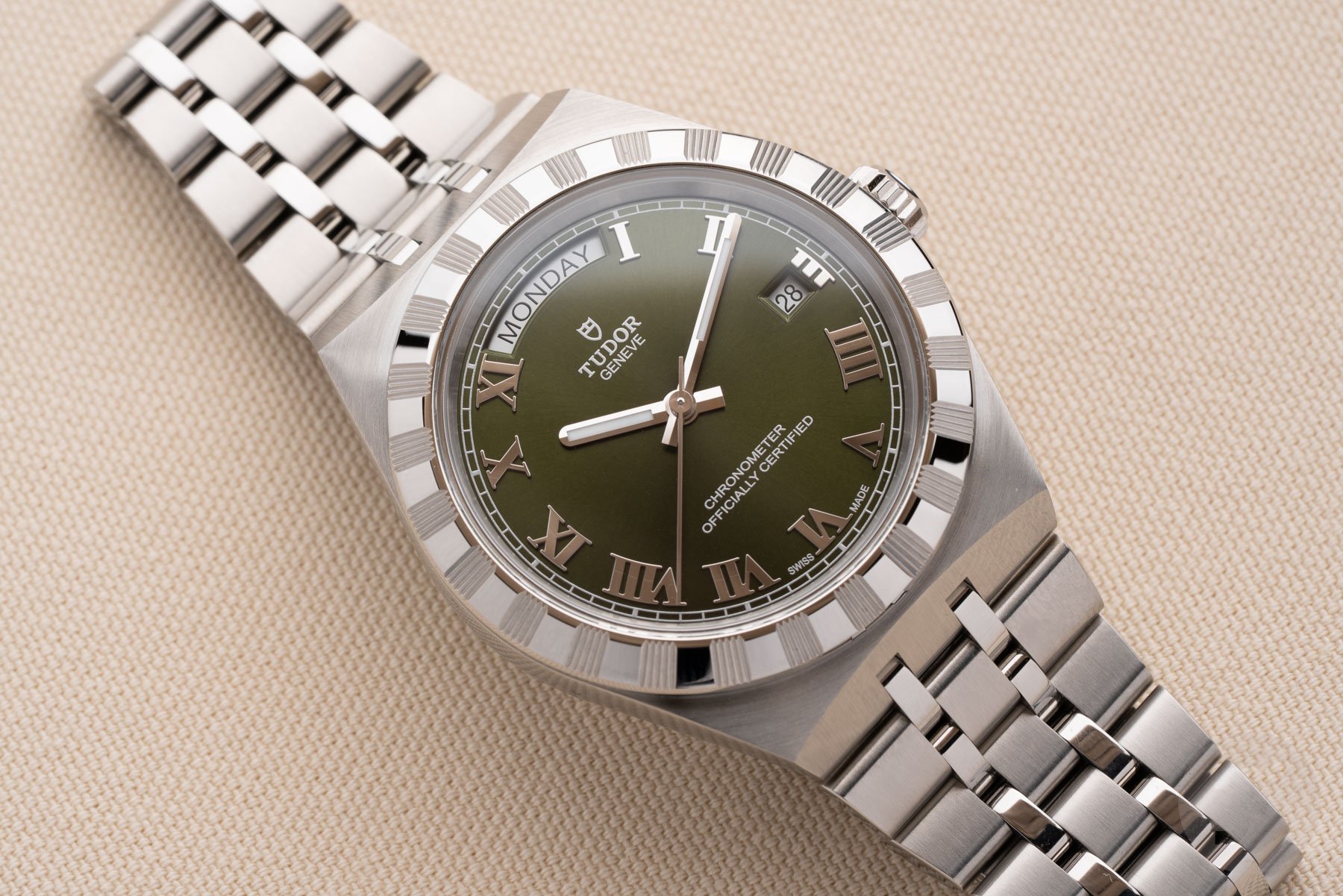 41mm steel Tudor Royal with green dial, flat-lay