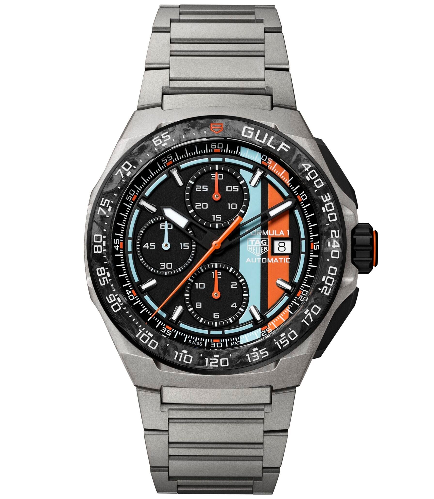 Frontal shot of the TAG Heuer Formula 1 Automatic Chronograph × Gulf