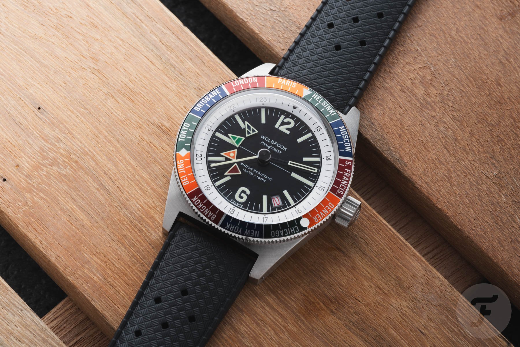 Wolbrook Pan4Timer Automatic with black Tropic-style rubber strap, flat-lay