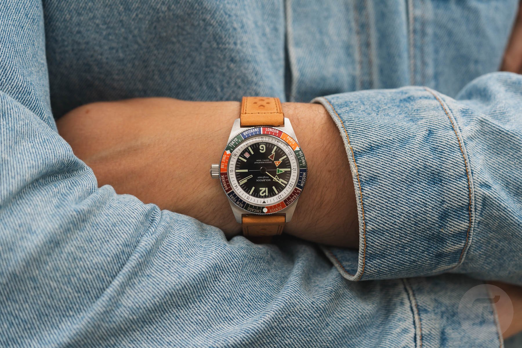 Wolbrook Pan4Timer Automatic on wrist, arms crossed