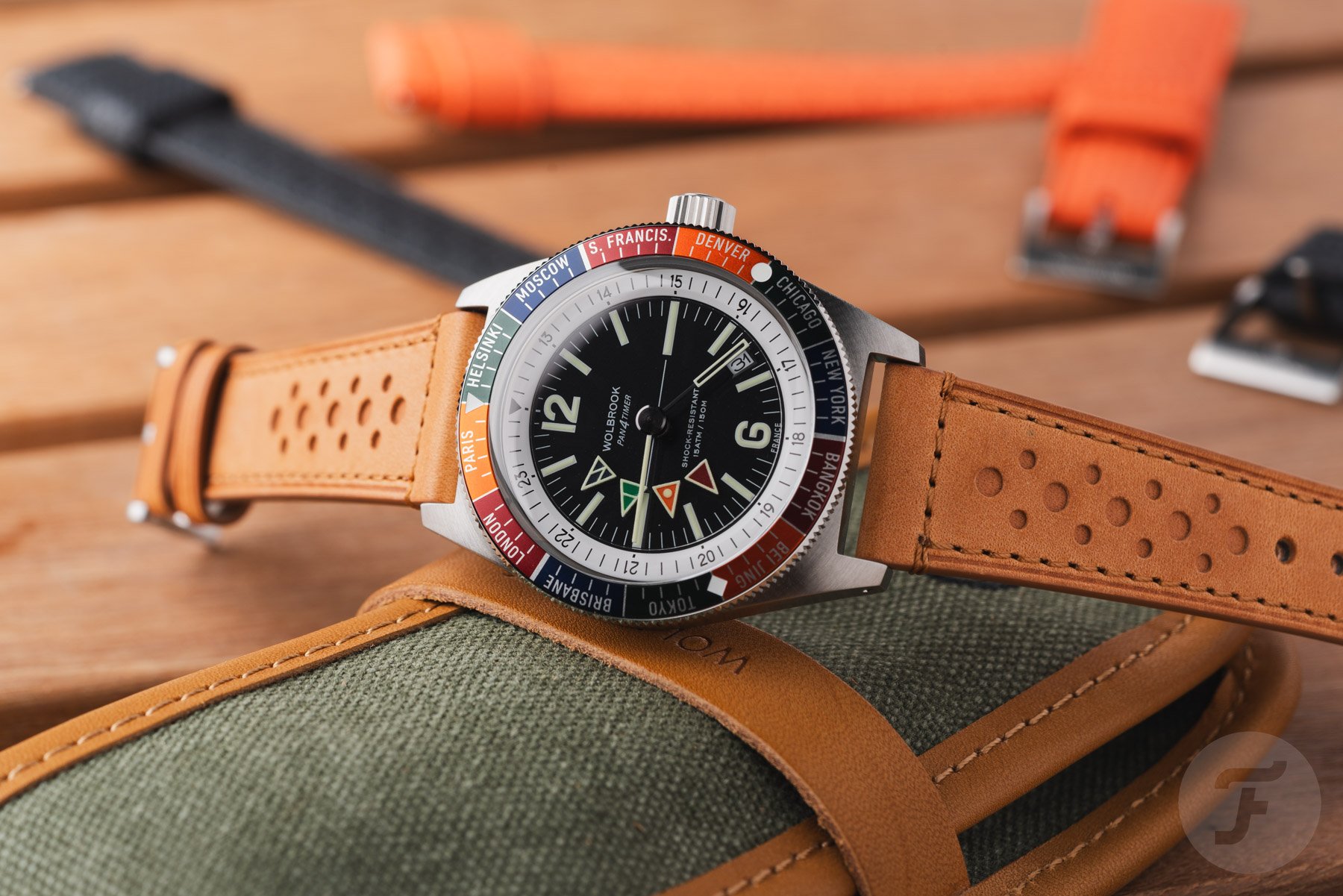 Wolbrook Pan4Timer Automatic on its side resting on its pouch