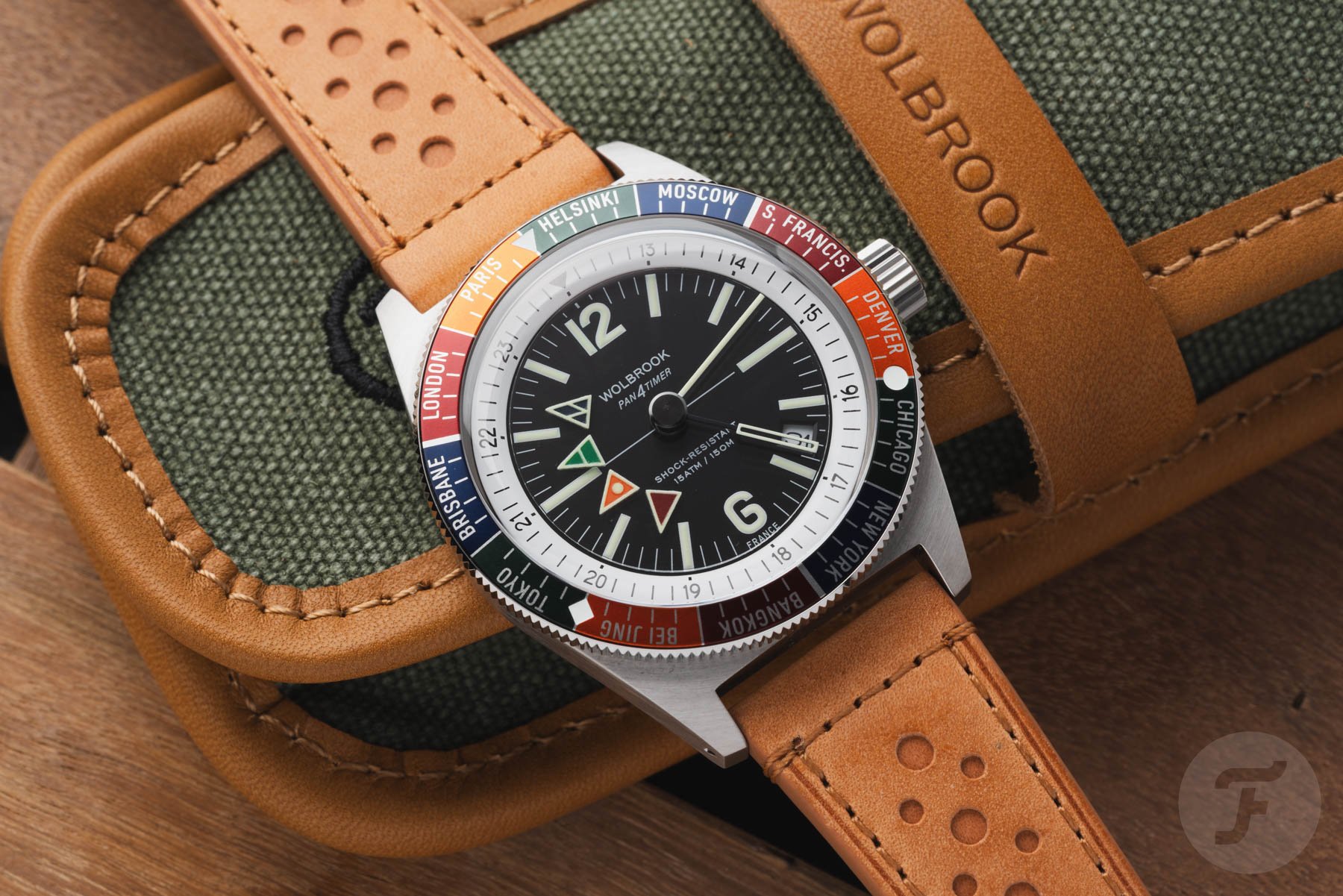 Wolbrook Pan4Timer Automatic resting on its pouch