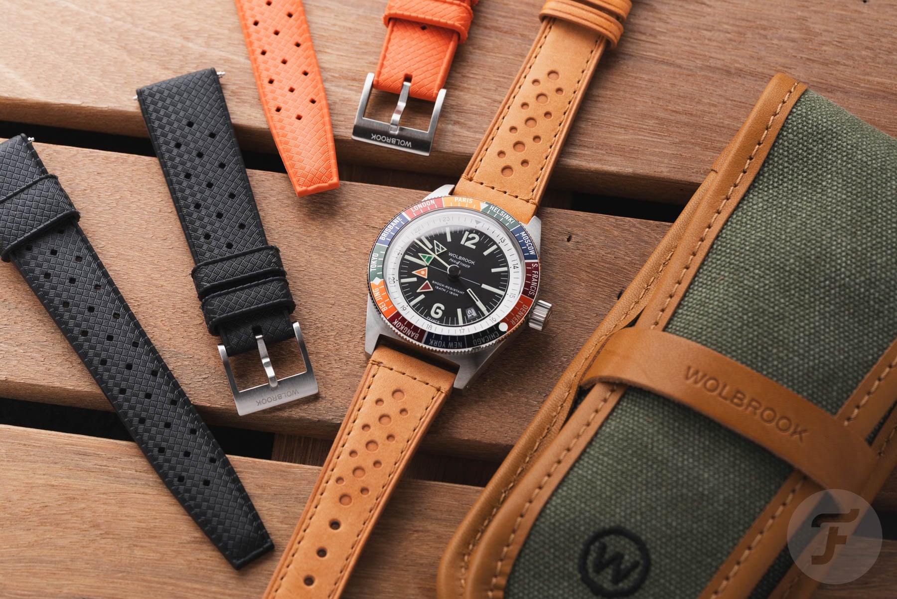Wolbrook Pan4Timer Automatic flat-lay with straps and pouch