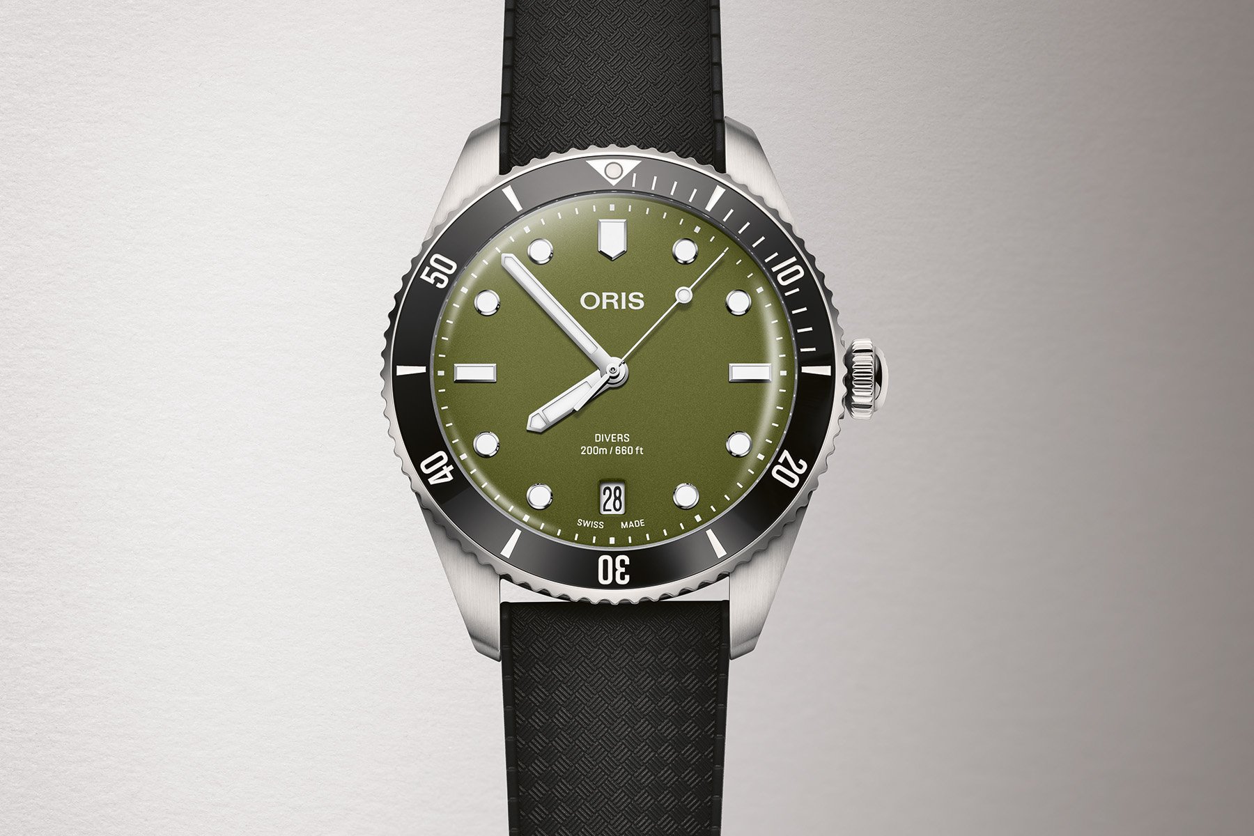 green-dial Oris Divers Date with rubber strap, head on