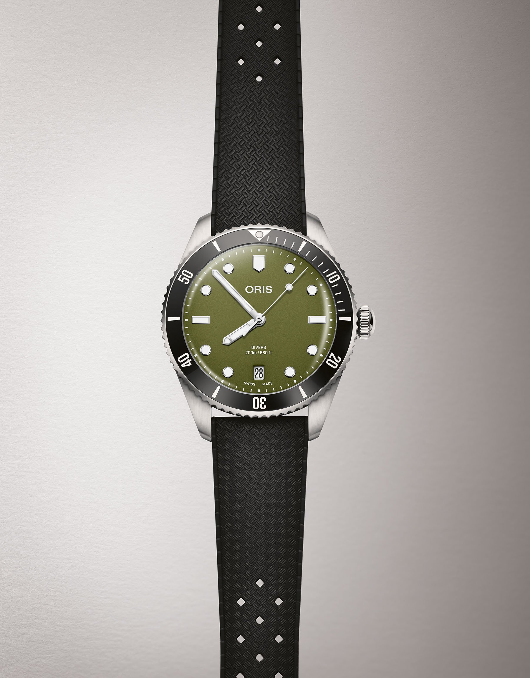green-dial Oris Divers Date with rubber strap, head on