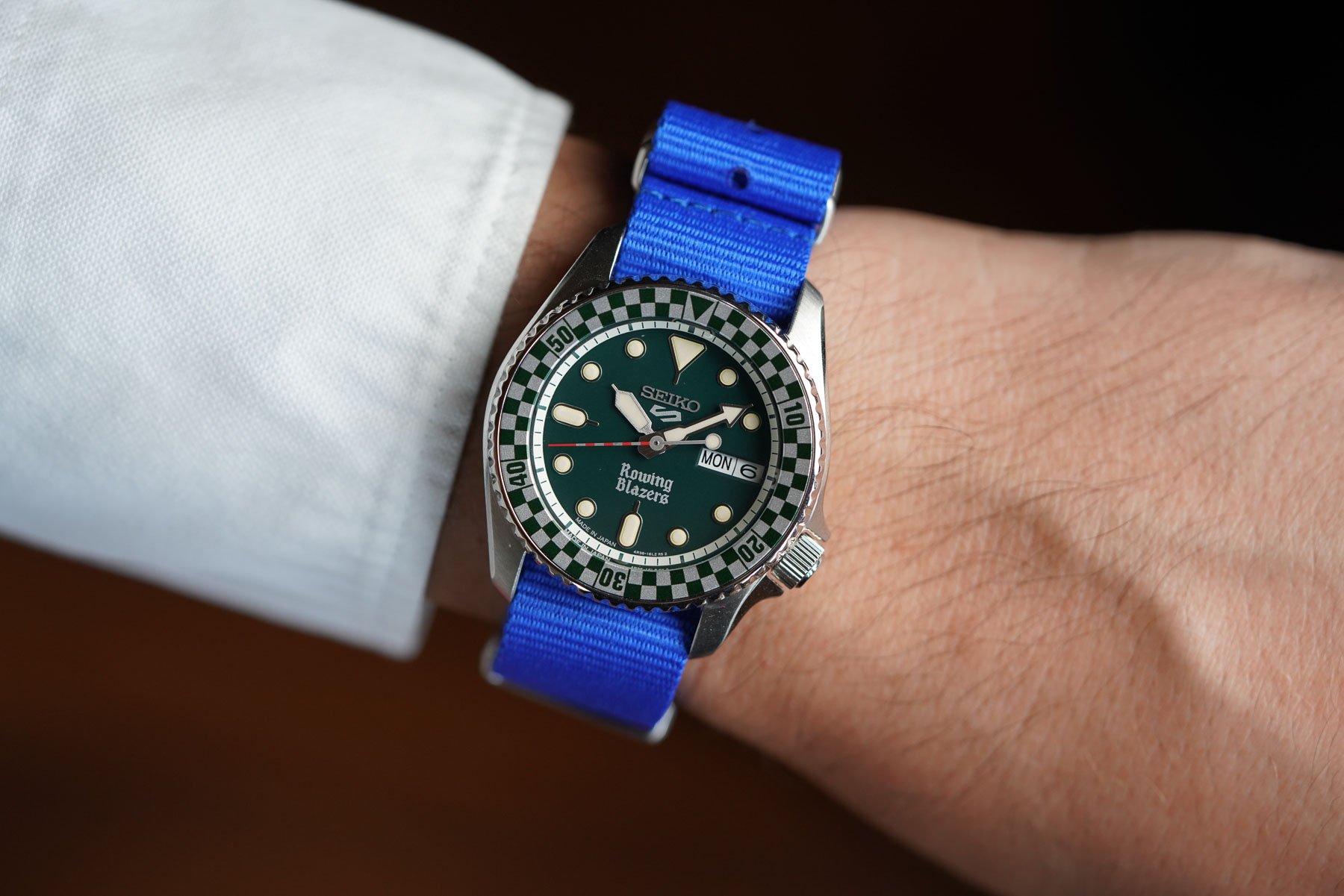Seiko × Rowing Blazers × Wind Vintage SRPM21 on blue NATO strap, wrist shot