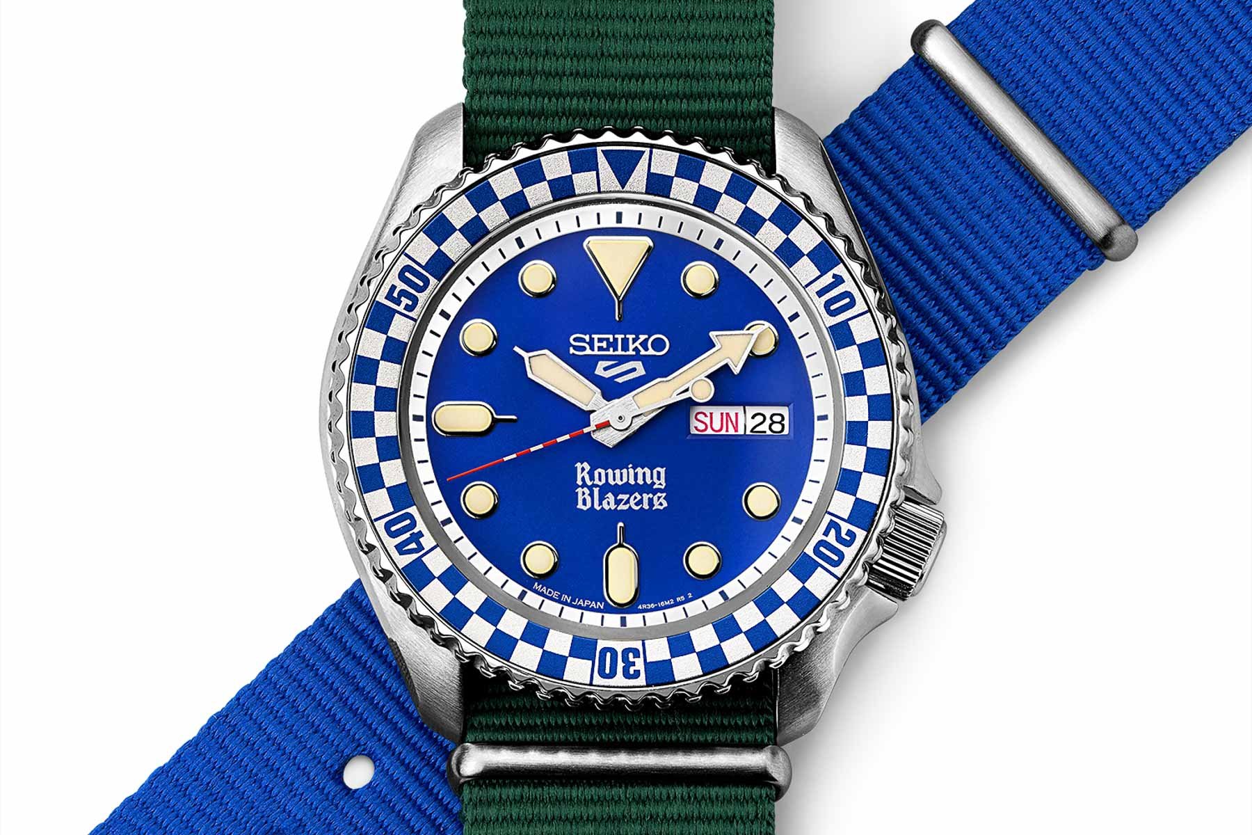 Seiko × Rowing Blazers × Wind Vintage SRPM19 on NATO strap, head-on