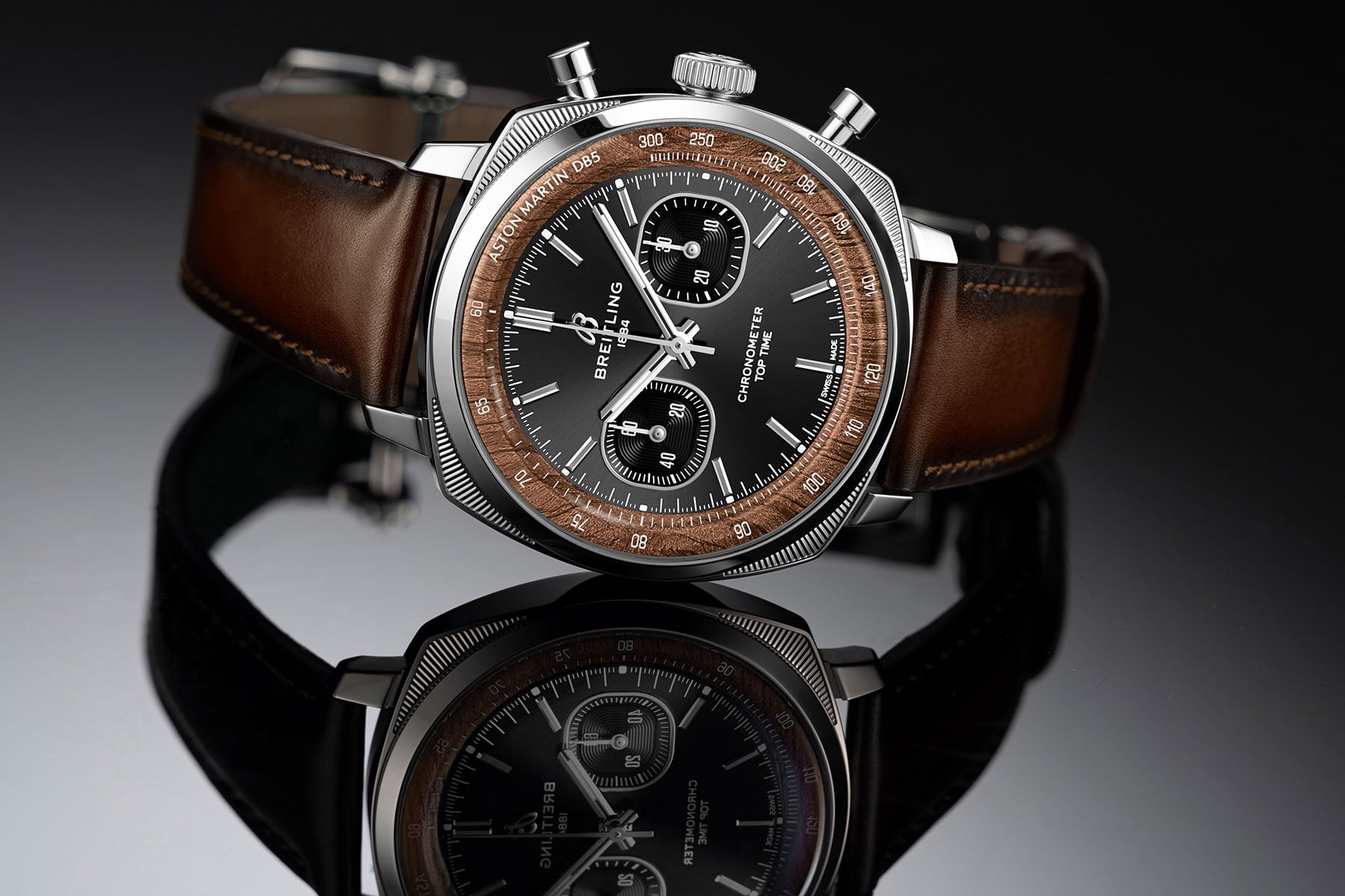 Breitling Top Time B01 Chronograph 41 Tribute to Aston Martin DB5 ref. PB0178121B1X1 on its side, crown up