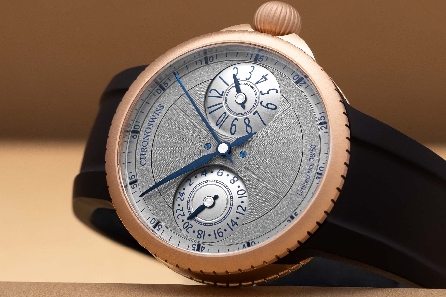 Chronoswiss Pulse GMT Frosted Guilloche Gold side lay