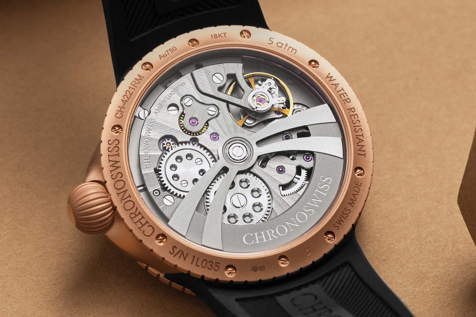 Chronoswiss Pulse GMT Frosted Guilloche Gold case back