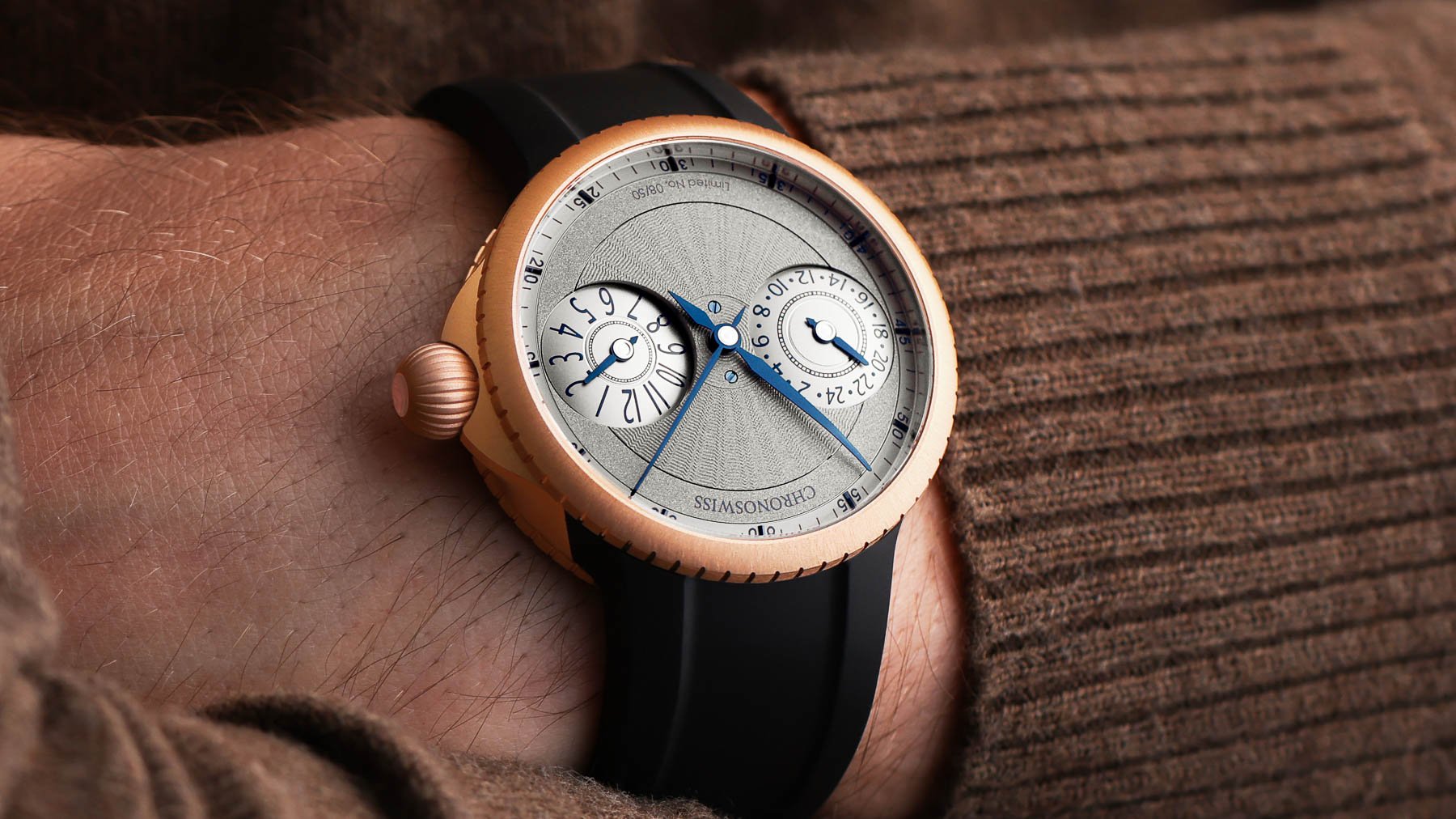 Chronoswiss Pulse GMT Frosted Guilloche Gold wrist shot