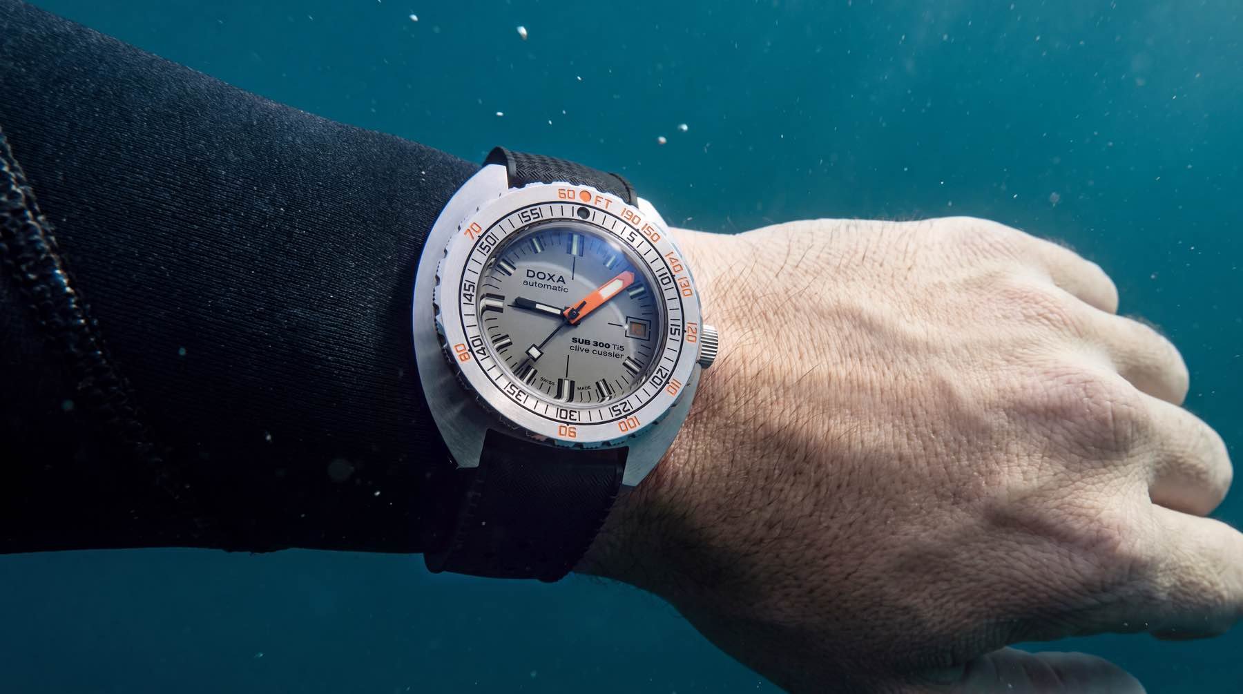 Doxa Sub 300 Ti5 Clive Cussler underwater wrist shot