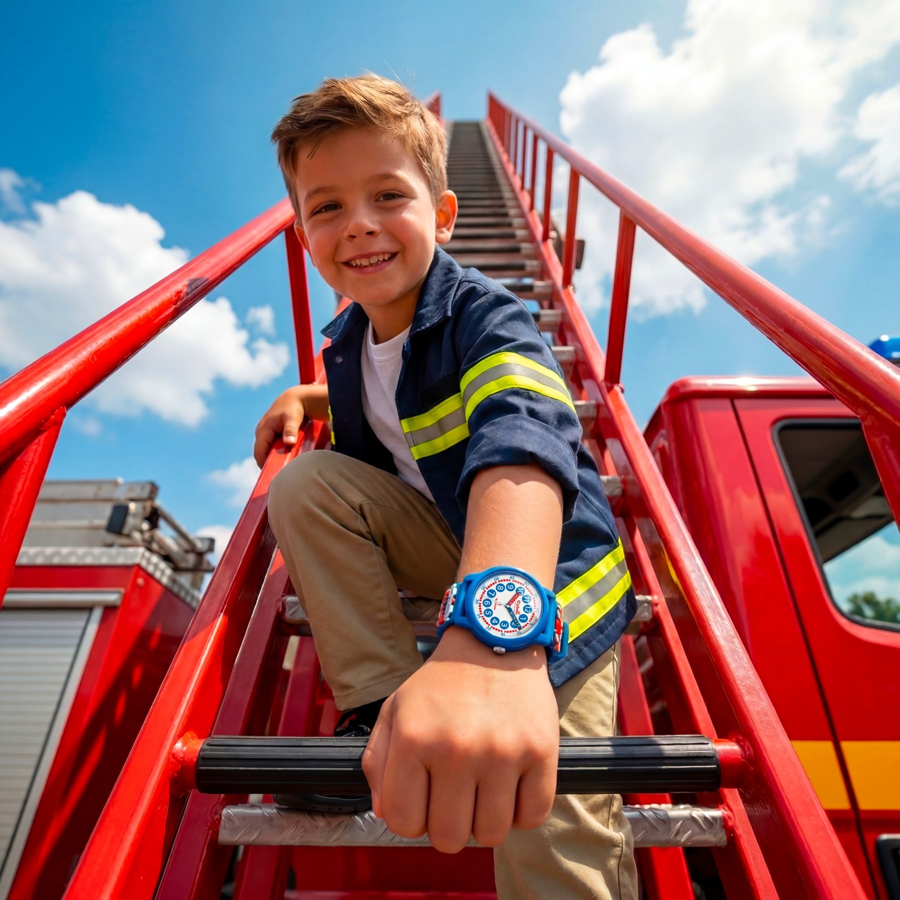 Boy wearing the Mc Onsen Cybex Fire Brigade watch while on ladder of fire truck