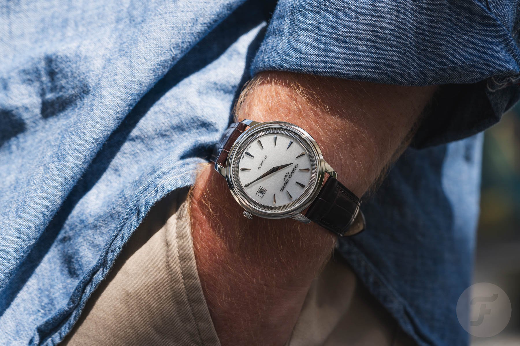 white-dial Frederique Constant Moneta Solarmetre pocket shot