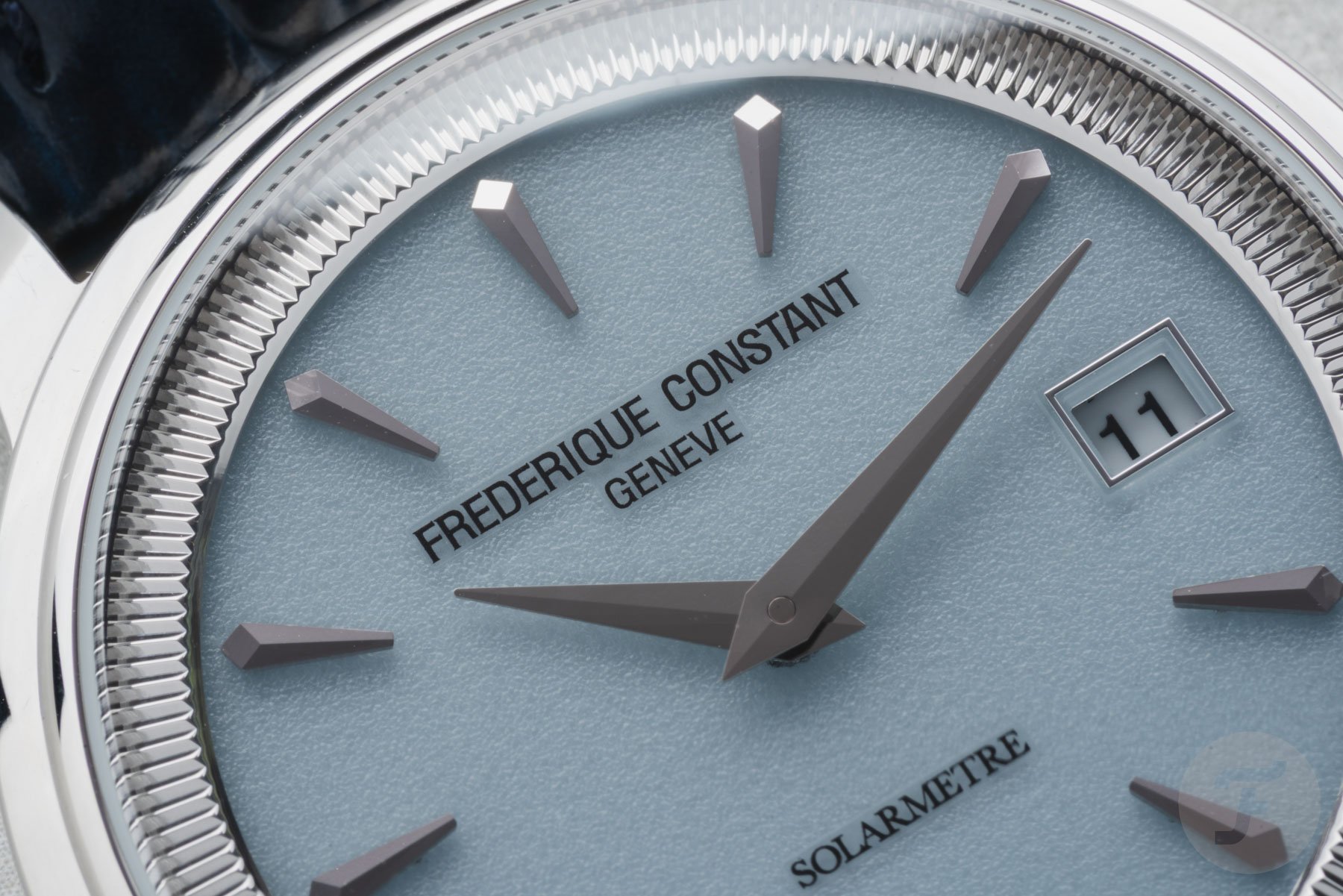 Frederique Constant Moneta Solarmetre blue dial macro