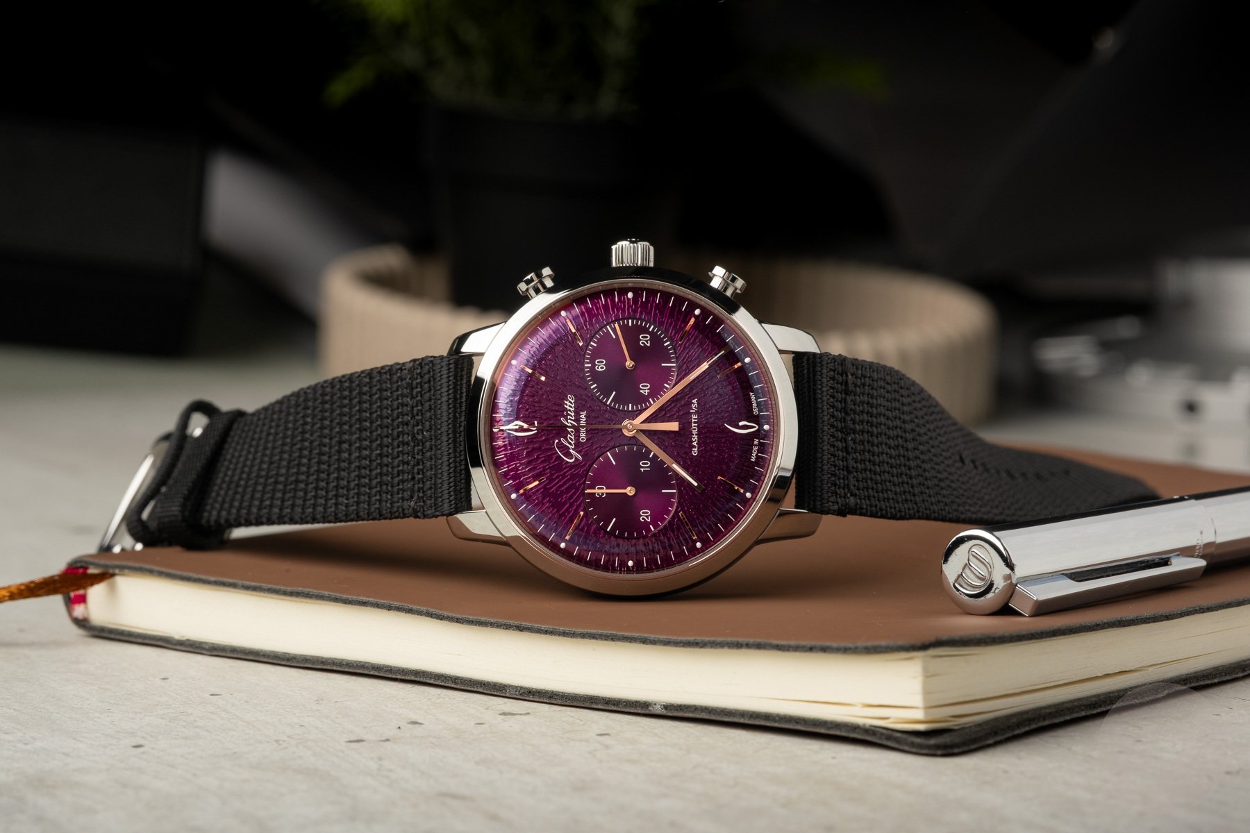 Glashütte Original Sixties Chronograph Annual Edition Purple on its side, crown up