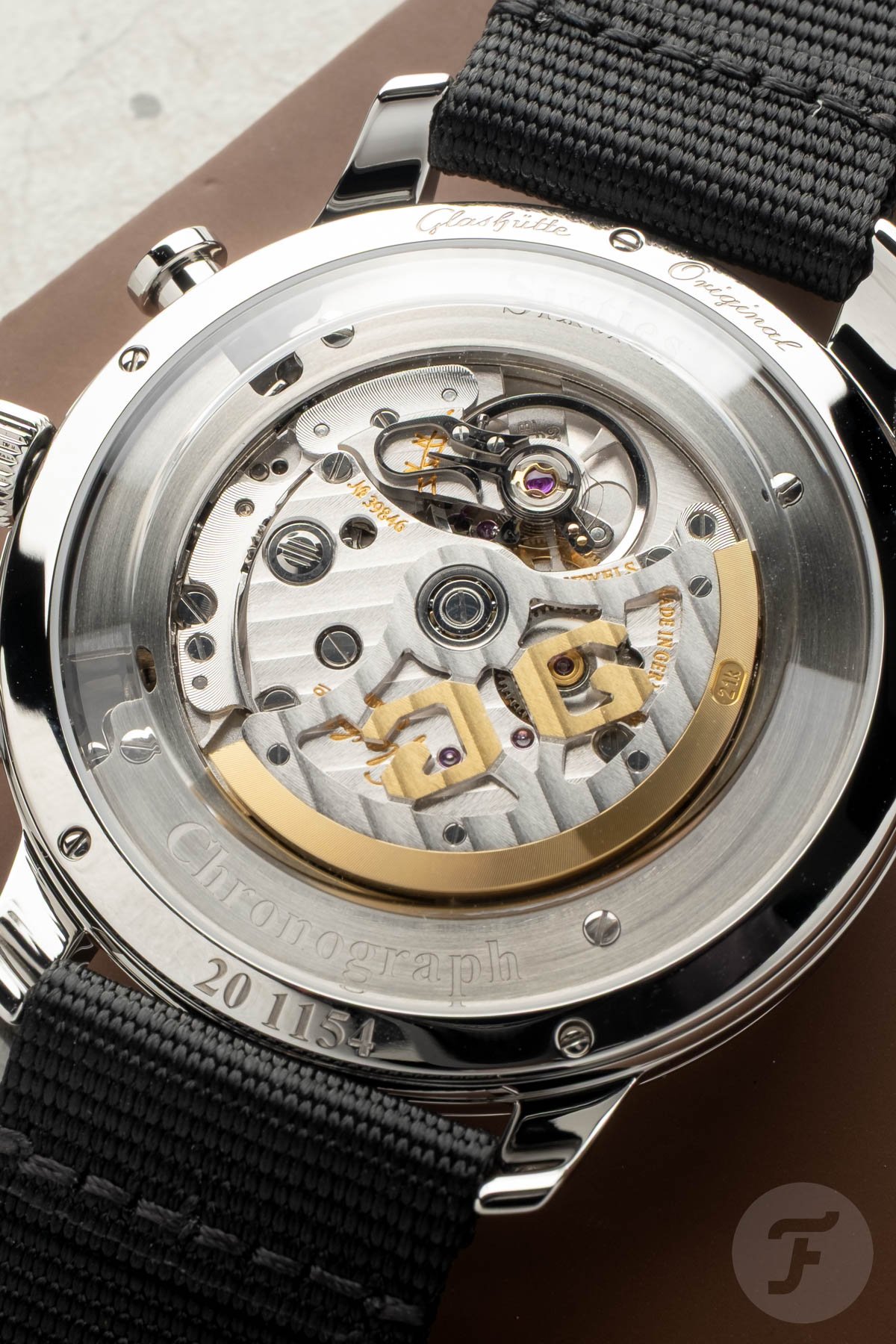 Glashütte Original Sixties Chronograph Annual Edition Purple movement up close