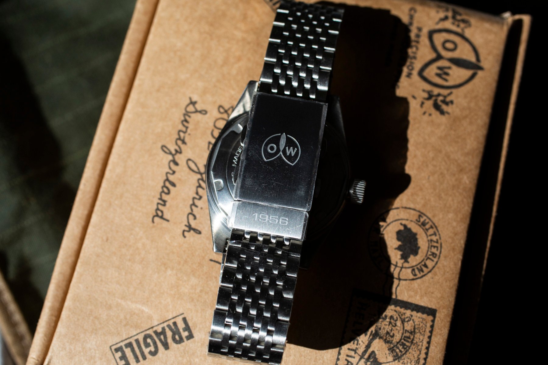 Ollech & Wajs Early Bird EB-24 face down on box, clasp closed