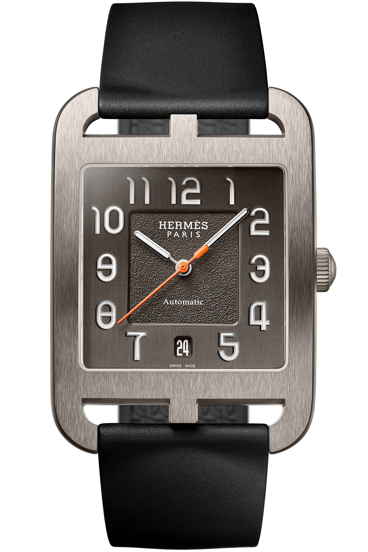 Hermes Cape Cod Titanium with black rubber strap, front view showing the vertically brushed dial and rhodium-plated numerals