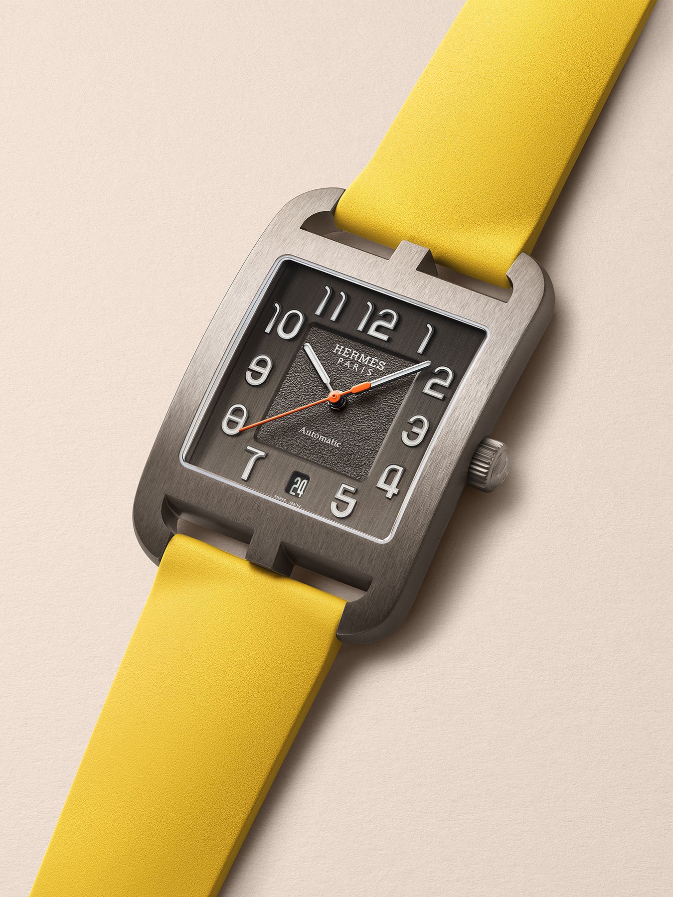 Hermes Cape Cod Titanium with Jaune de Naples yellow rubber strap, the warm yellow summer colourway
