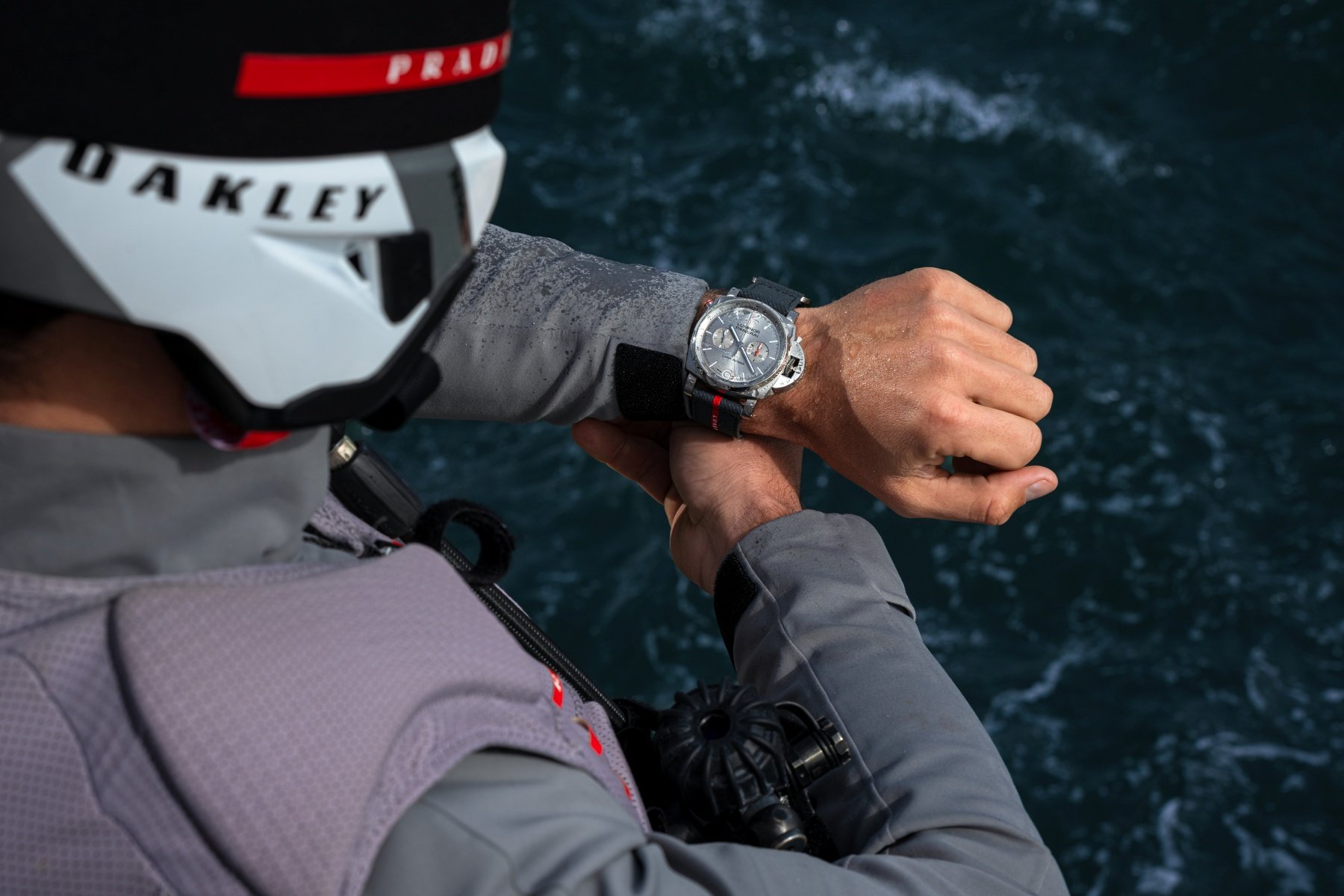 Panerai Luminor Luna Rossa Chrono PAM01768 on wrist of Luna Rossa yacht racer
