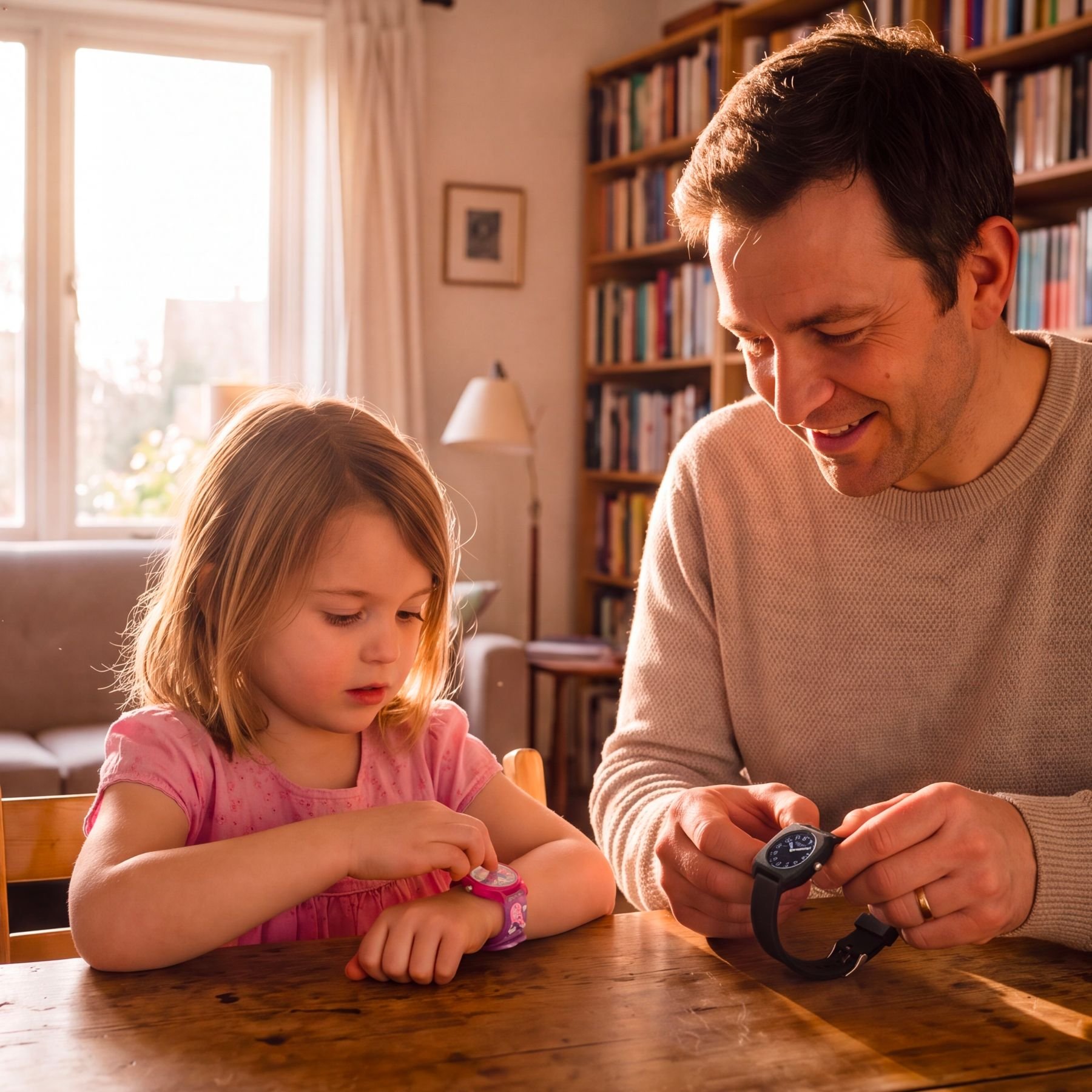 Dad teaching his daughter how to read the time on a Cybex watch