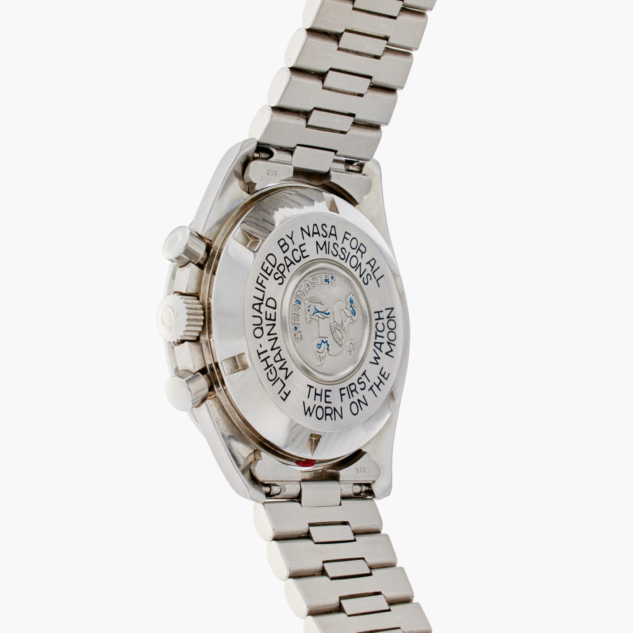 case back of Omega Speedmaster Professional 3590.50.00 from Buzz Aldrin